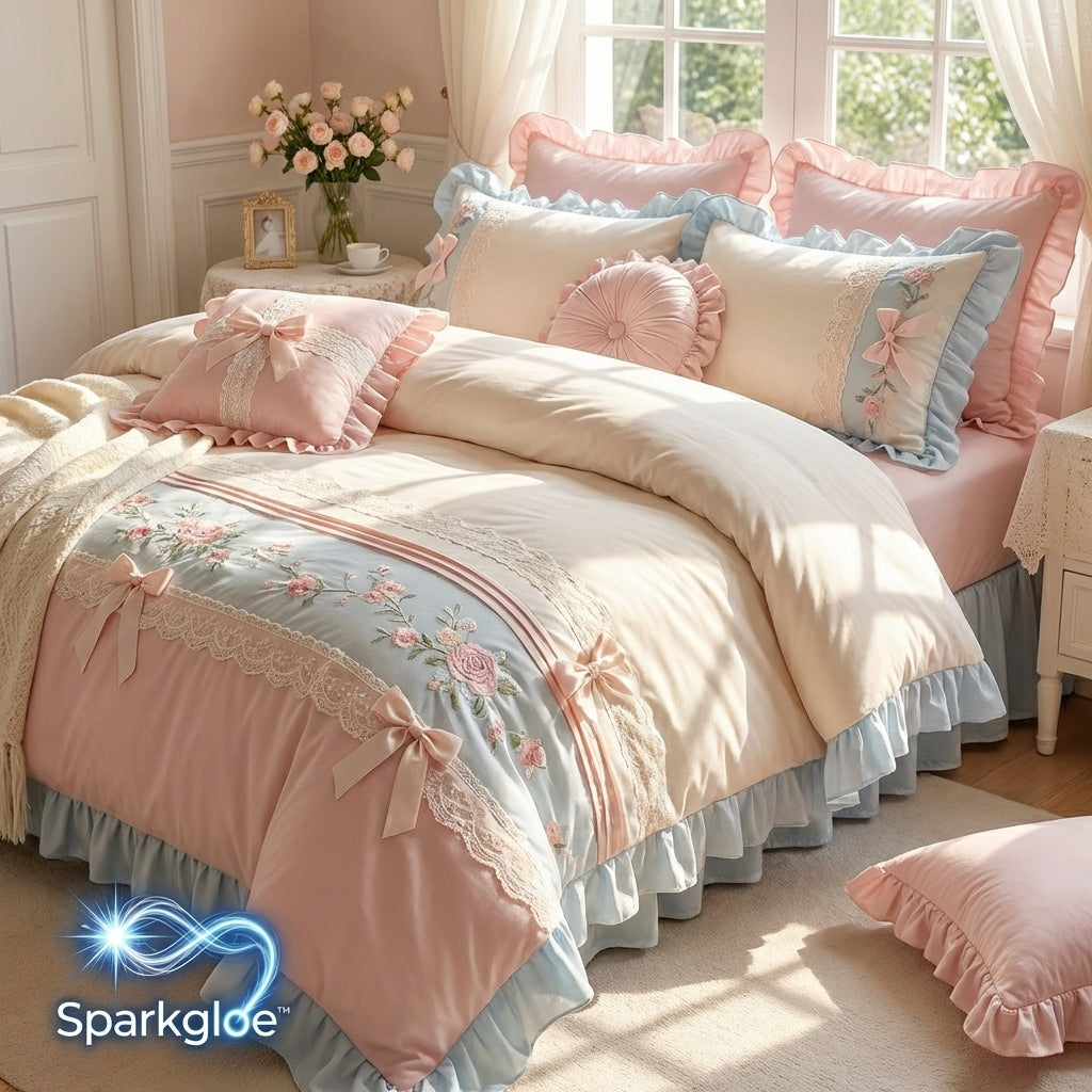 🌸🎀 Product Name  Sparkglo™ BlushGarden Princess Lace Bedding Set